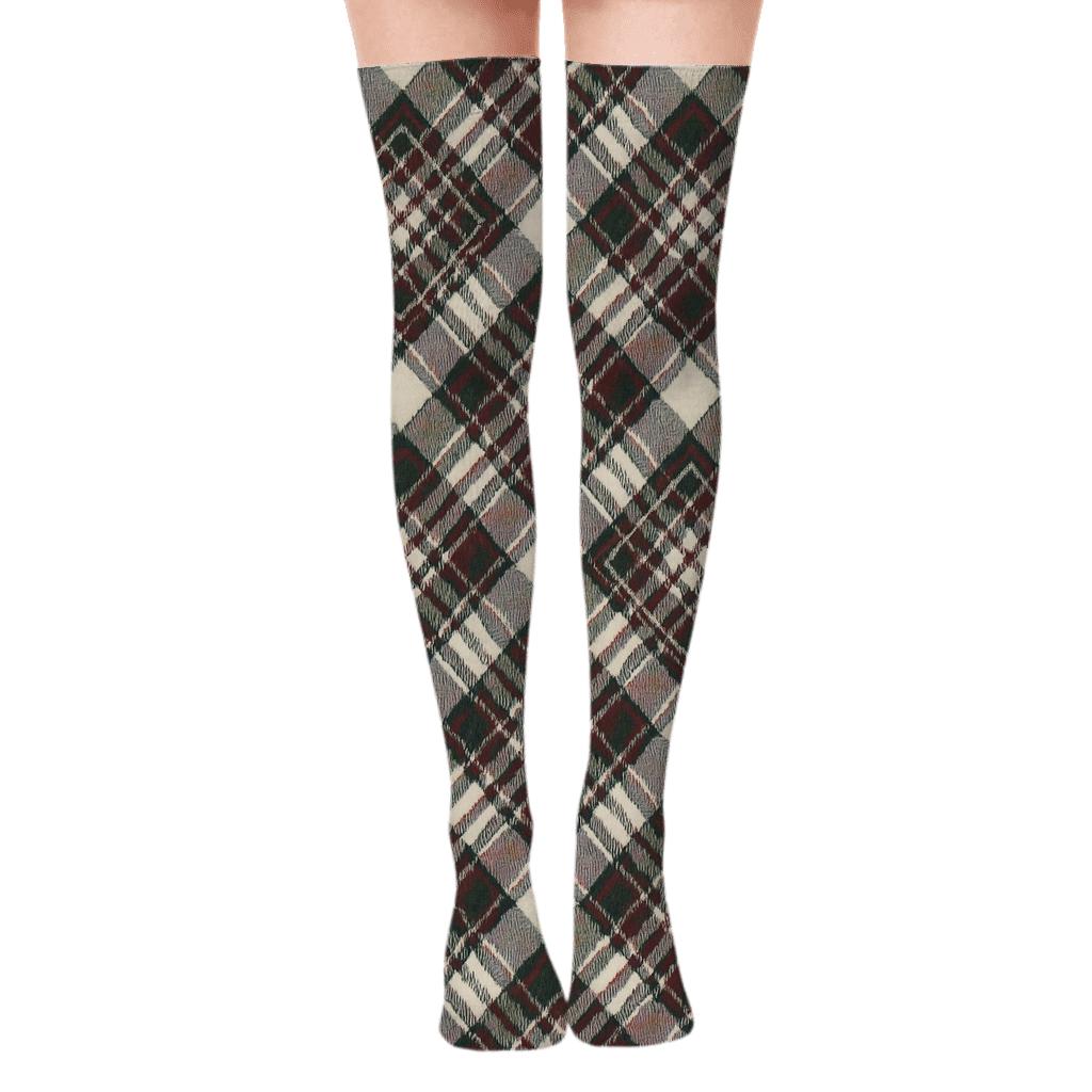 Diagonal Diamond Check Tartan Collage With Concentric Square Insets On Ivory Background comfortable cotton over-the-knee socks