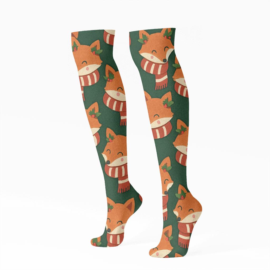 Holly Scarf Fox Chevron On Forest Green Background soft everyday knee-high socks