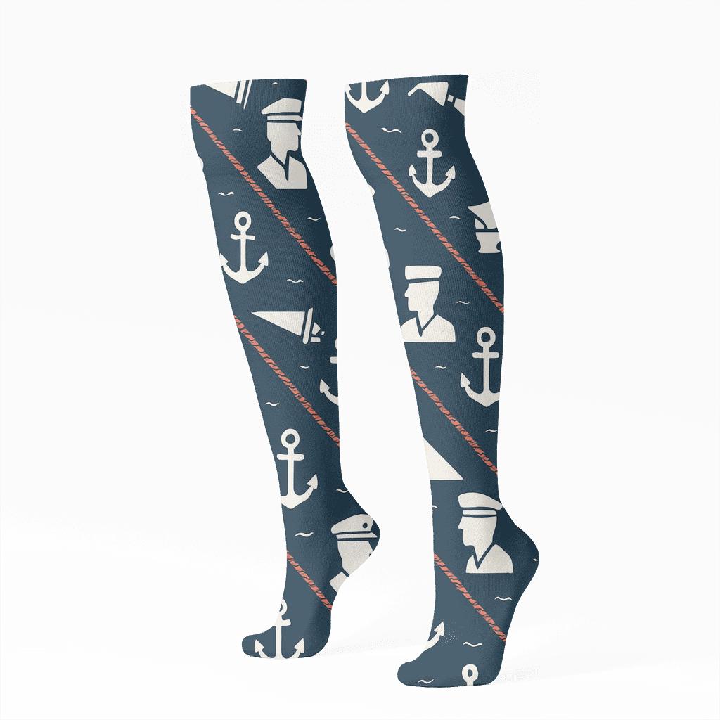 Nautical Rope Bands With Coast Guard Officer Silhouette Repeat custom knee-high socks