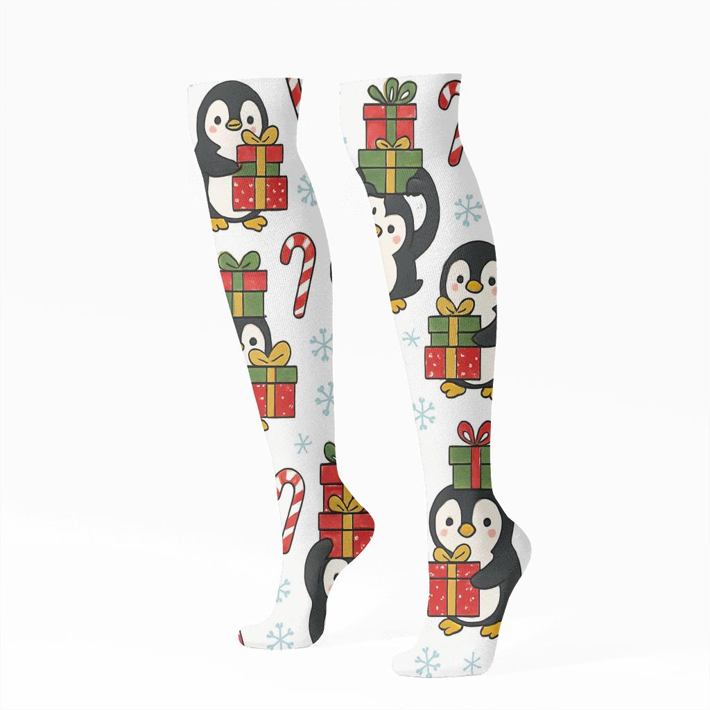 Penguin Gift Stack Grid On White Background comfortable cotton knee-high socks