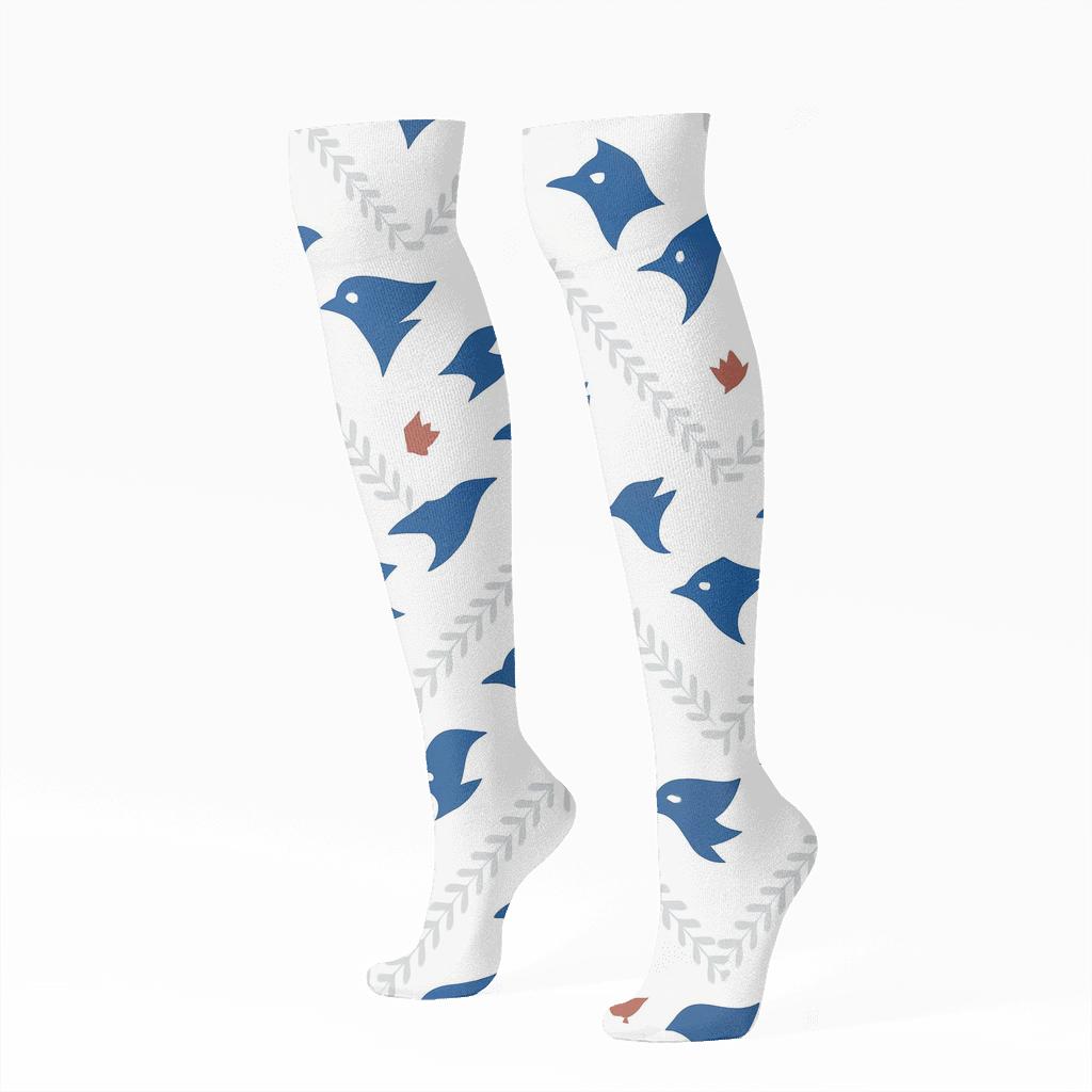 Baseball Seam Chevron With Blue Jays Flight Motifs trendy patterned knee-high socks
