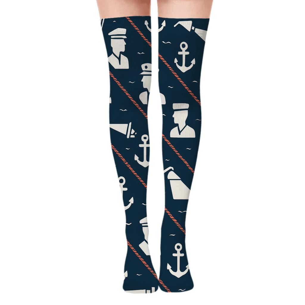 Nautical Rope Bands With Coast Guard Officer Silhouette Repeat comfortable cotton over-the-knee socks
