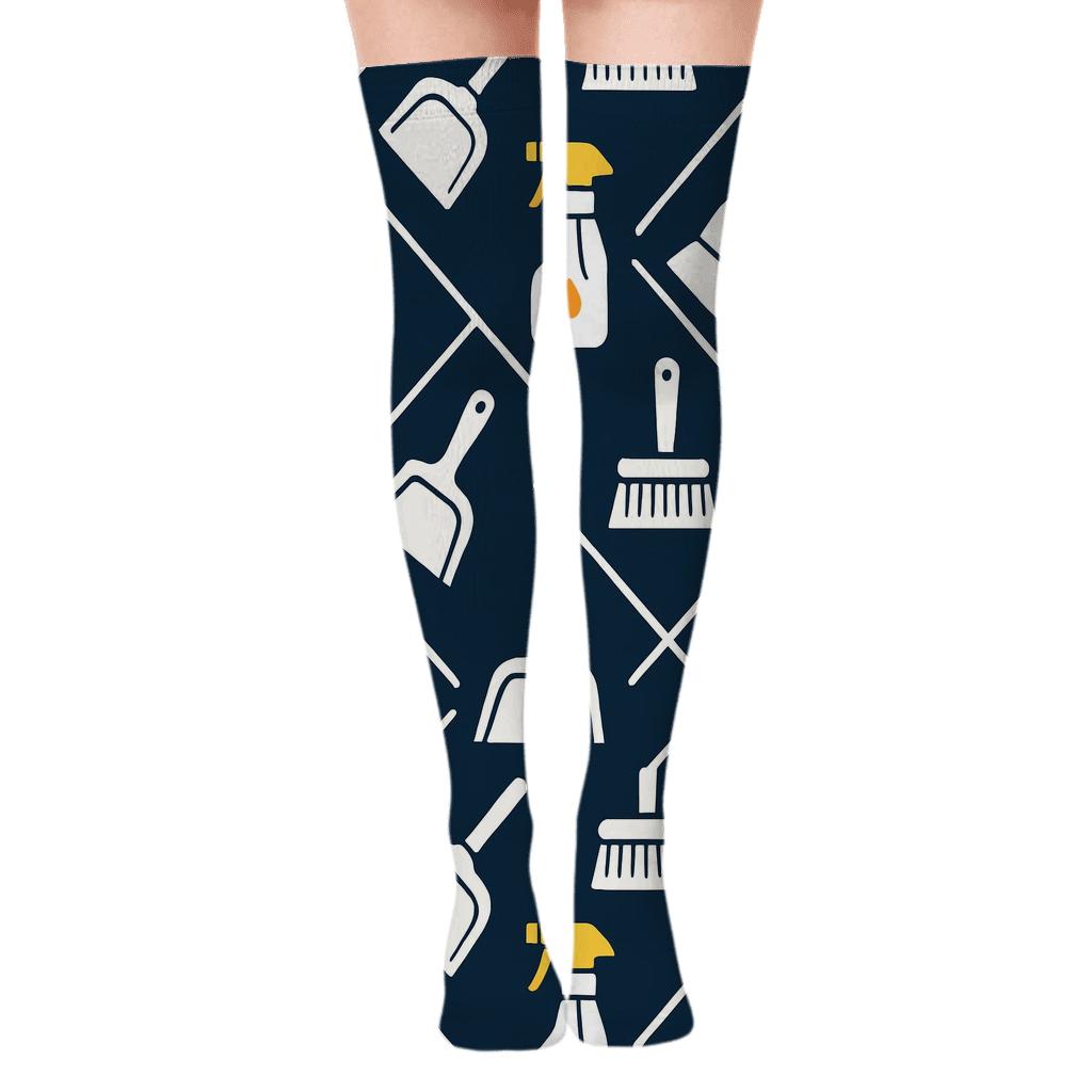 Spray Bottle Lattice With Janitor Tiles designer print over-the-knee socks