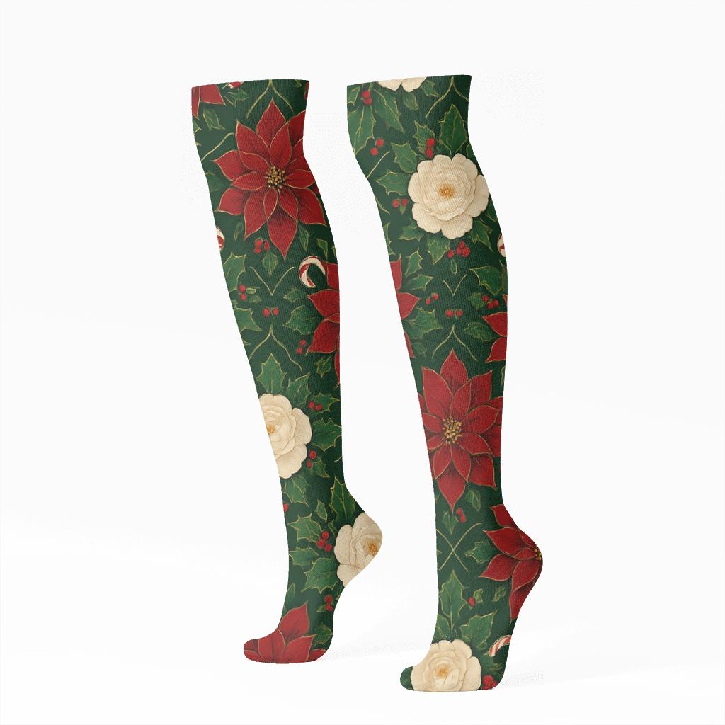 Poinsettia Peony Candy Cane Lattice On Forest Green Background unique graphic knee-high socks