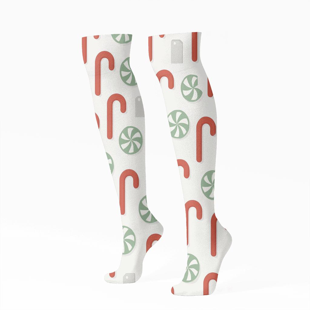 Minimal Grid With Candy Canes And Peppermint Swirls designer print knee-high socks