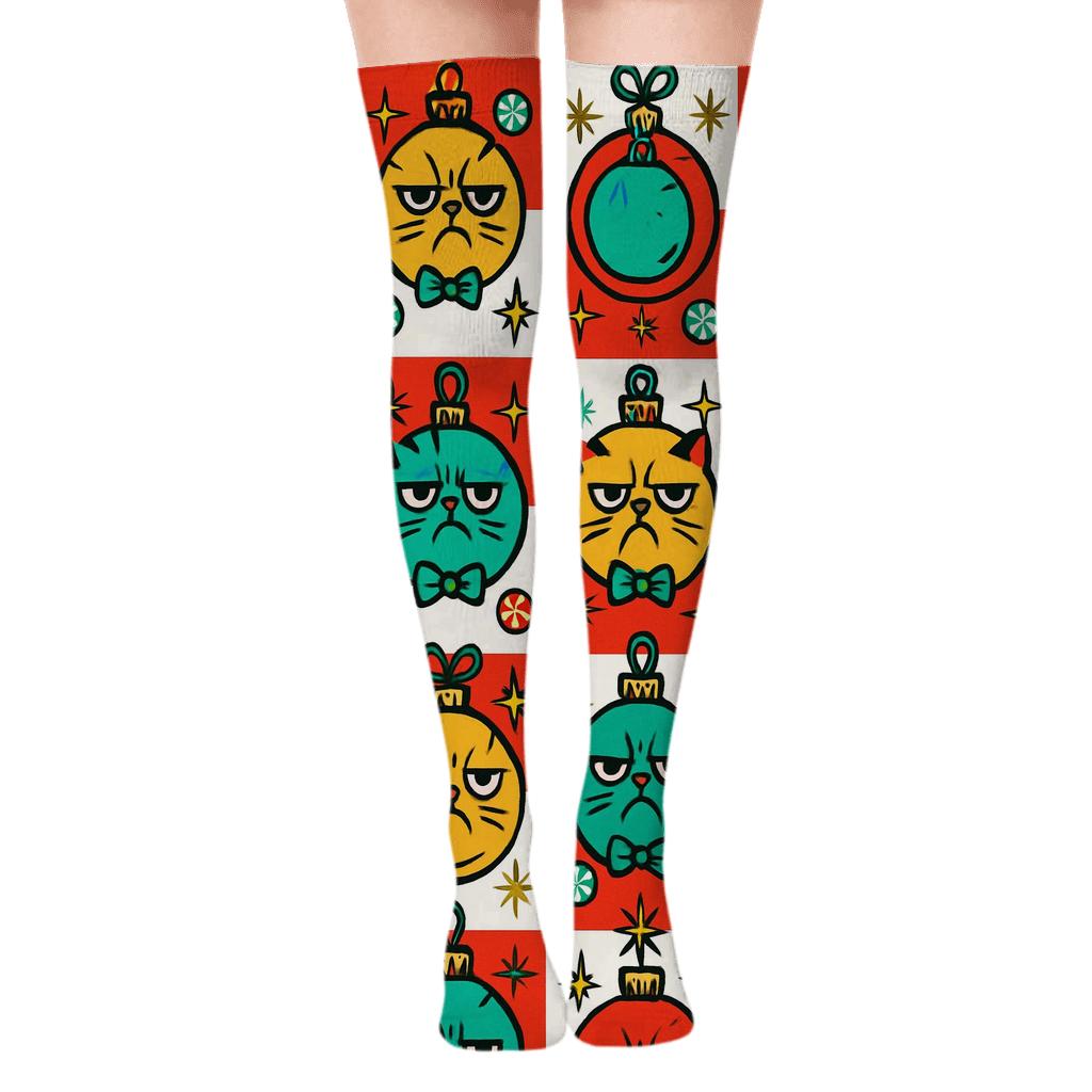 Pop Art Ornament Cats Checker Grid trendy patterned over-the-knee socks
