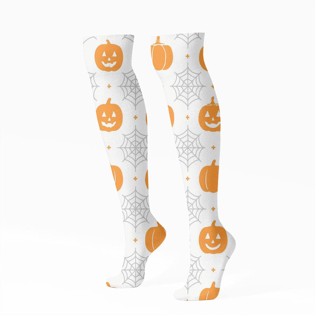 Orange Pumpkin And Spider Web Lattice On White Background comfortable cotton knee-high socks