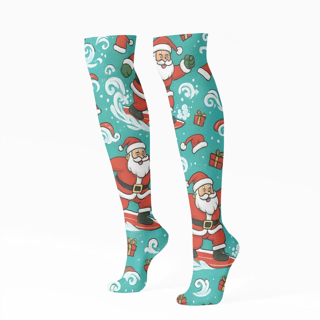 Santa Surfing Christmas Scene Wrap Pattern stylish athletic knee-high socks