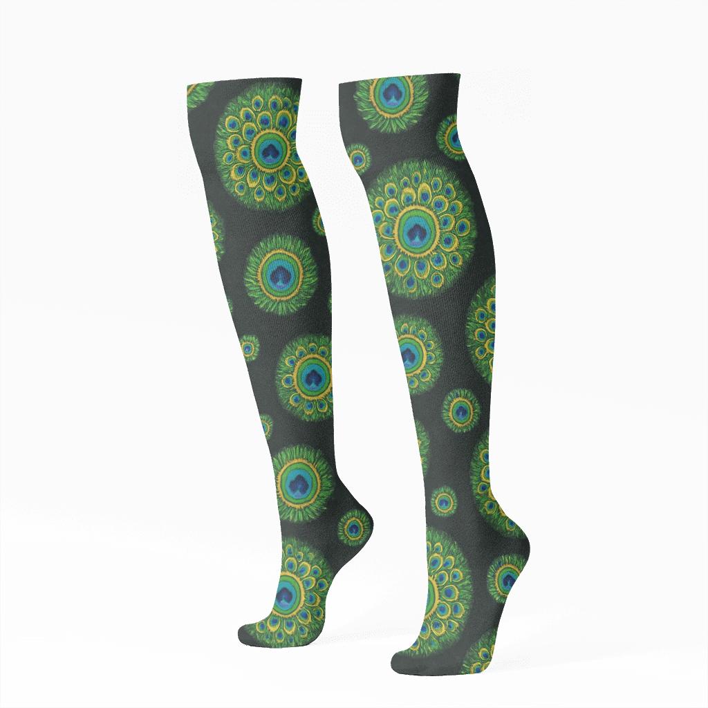 Peacock Tail Eye Medallion Tiles On Midnight Black Background custom knee-high socks