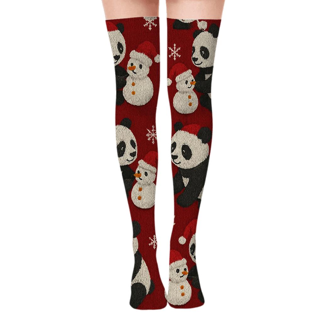 Knitted Panda Snowman Toss On Red Background premium cozy over-the-knee socks