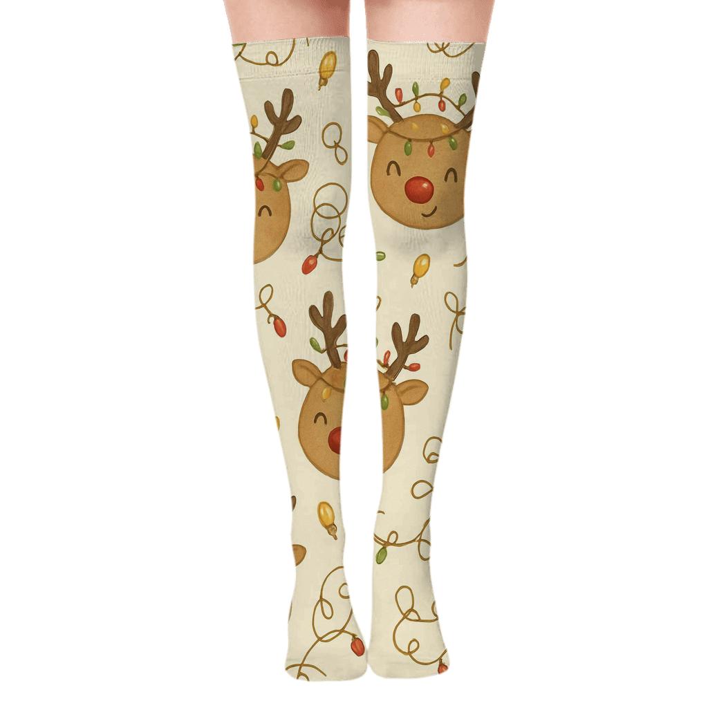 Reindeer With Xmas Light Tangles Scatter On Cream comfortable cotton over-the-knee socks