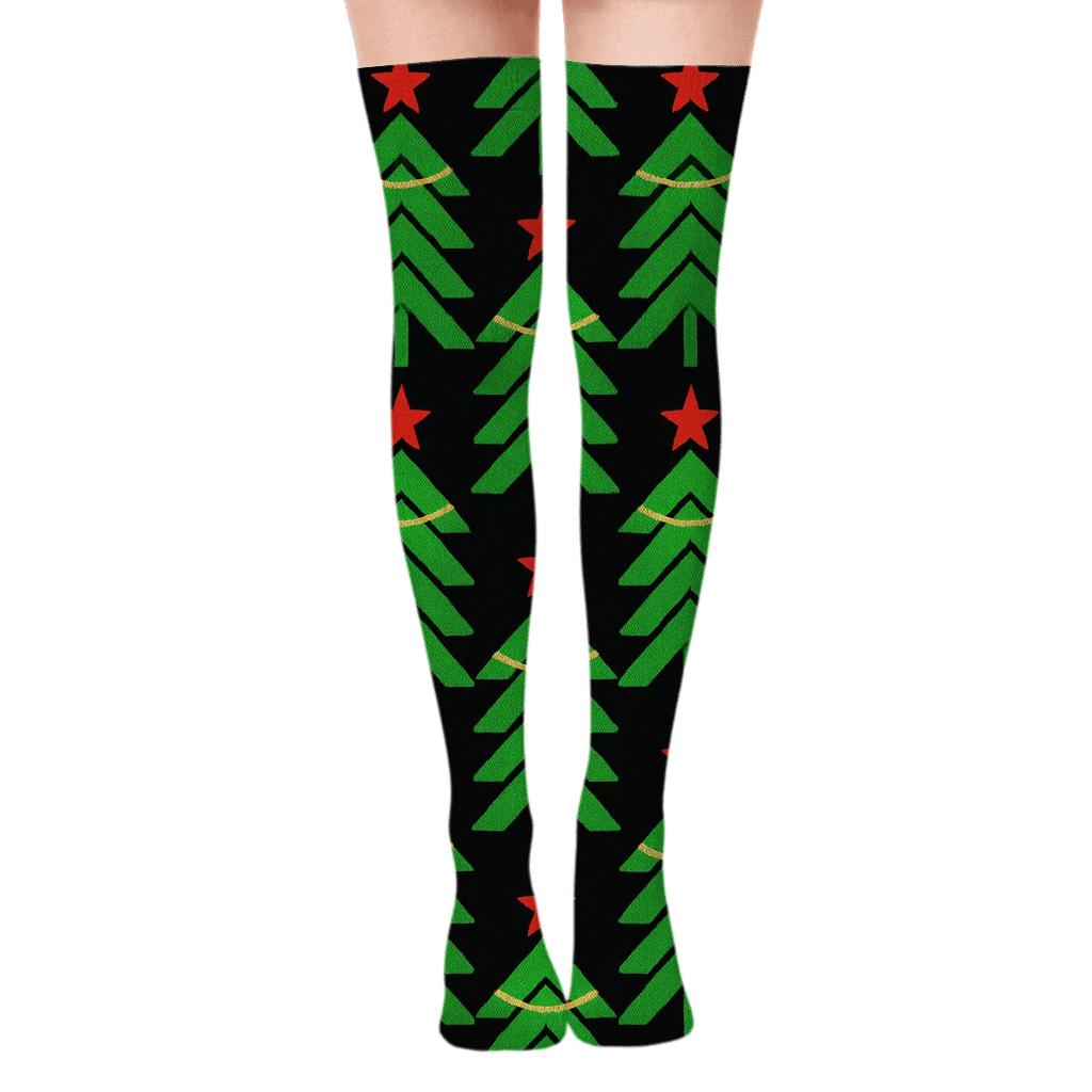 Christmas Tree Chevron On Black Background personalized over-the-knee socks