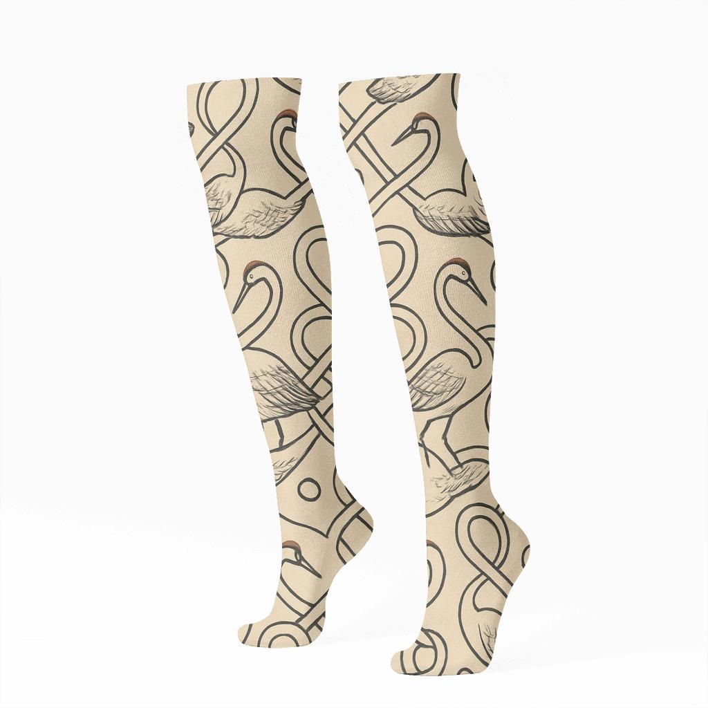 Crane Ribbon Neck Loops On Warm Beige Background premium sports knee-high socks