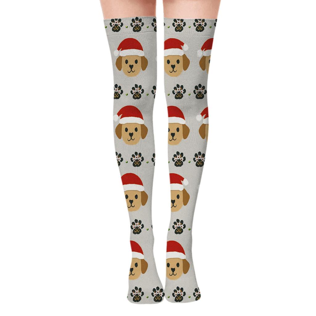 Dog Paw Print Holly Bands On Light Gray Background trendy patterned over-the-knee socks