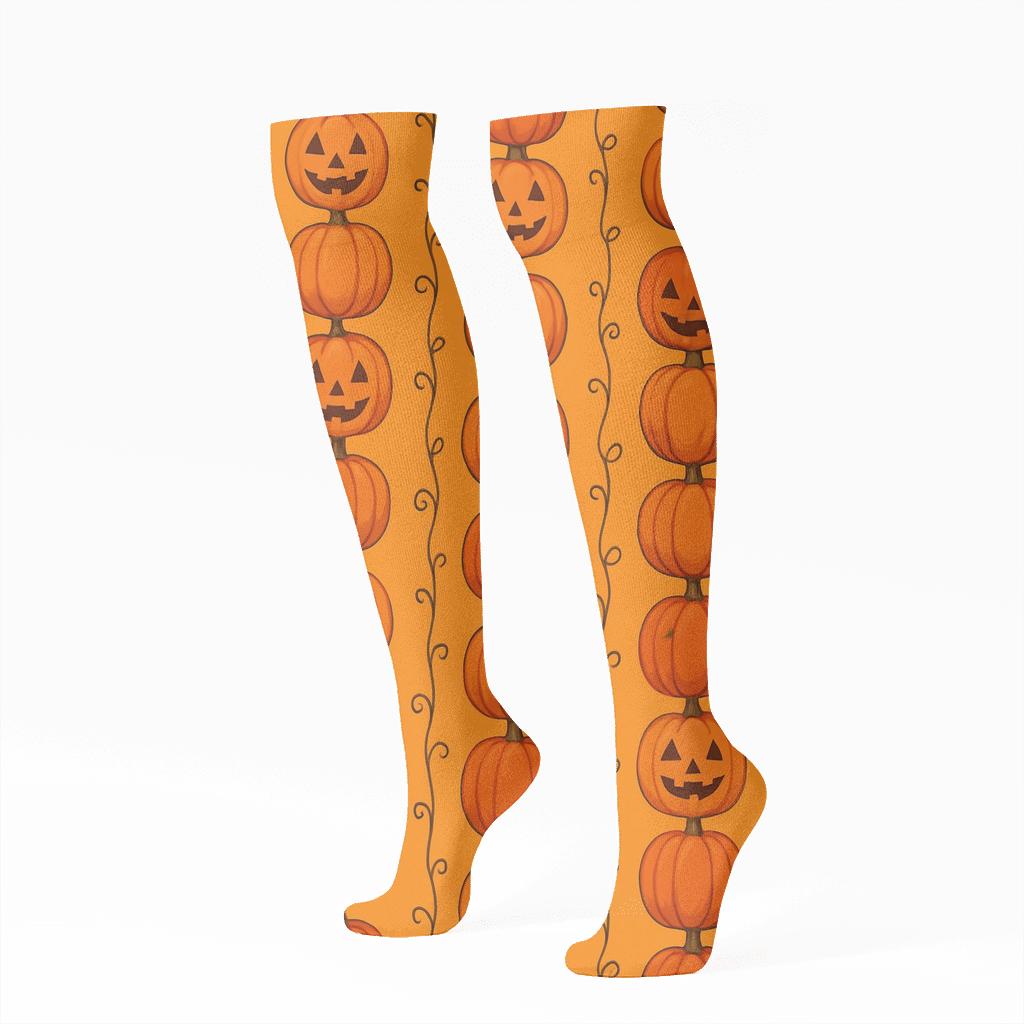 Pumpkin Stack Column Repeat On Orange Background unique graphic knee-high socks