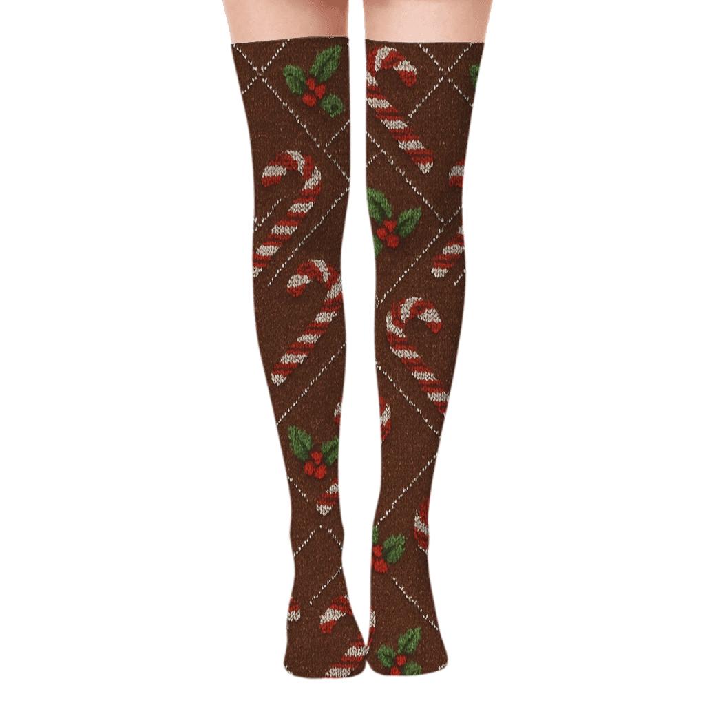 Candy Canes Nordic Knit Illusion On Cocoa Brown soft everyday over-the-knee socks