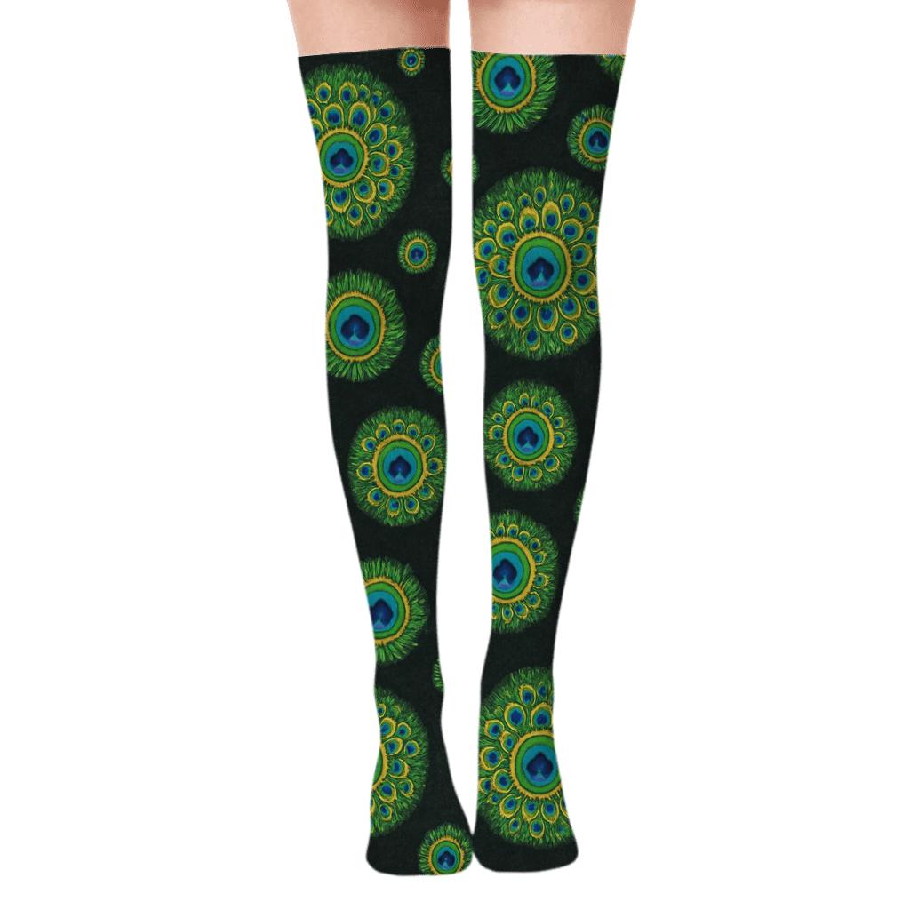 Peacock Tail Eye Medallion Tiles On Midnight Black Background soft everyday over-the-knee socks