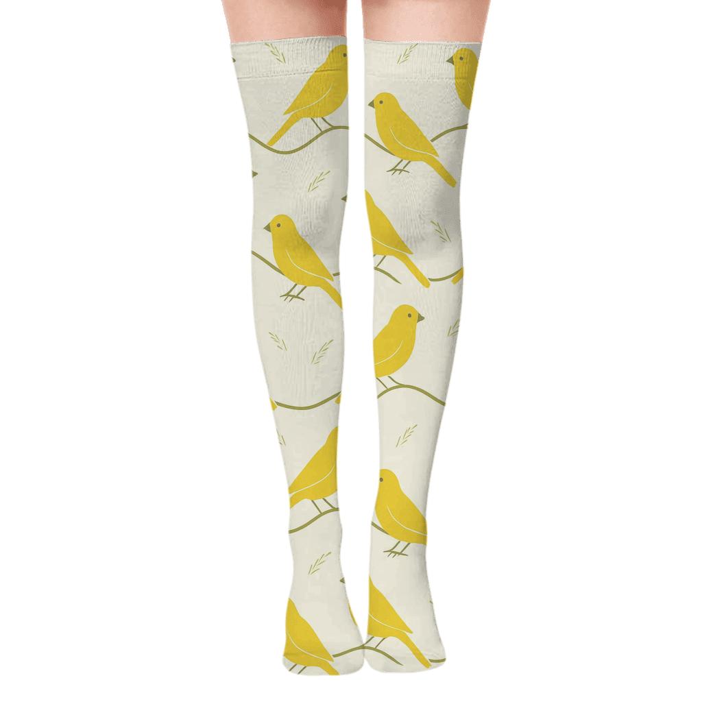Canary Song Curve Waves On Cream Ivory Background trendy patterned over-the-knee socks