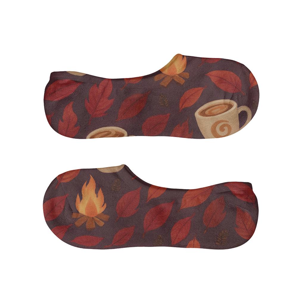 Watercolor Campfire And Mug Diagonal Scatter On Deep Plum Background comfortable invisible socks