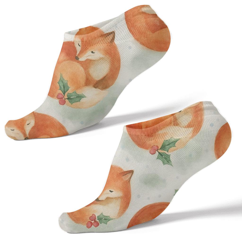 Watercolor Holly Fox Scatter With Diagonal Rhythm On Snow White Background premium sports ankle socks