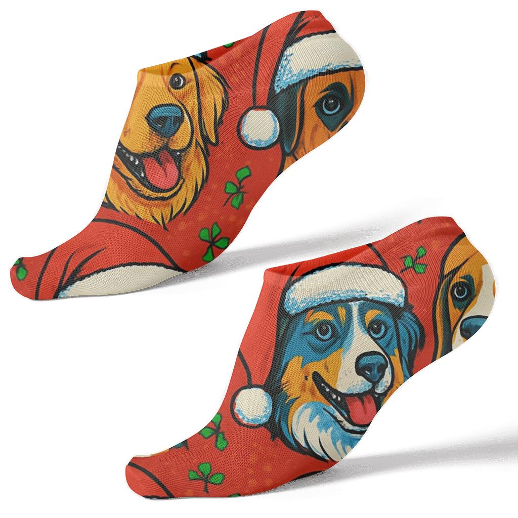 Santa Hat Dog Close Up Portrait Tiles On Classic Red Background custom ankle socks