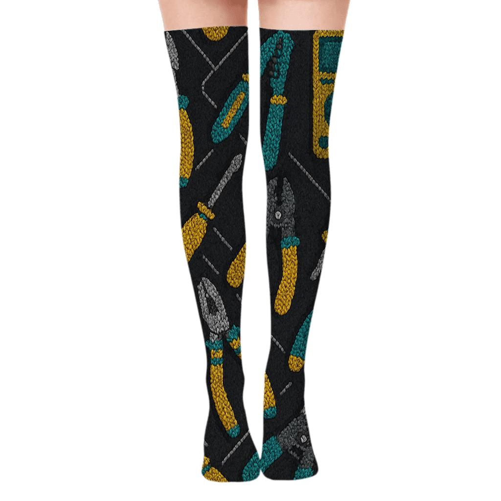 Knit Illusion Tool Lattice, Electrician Edition designer print over-the-knee socks