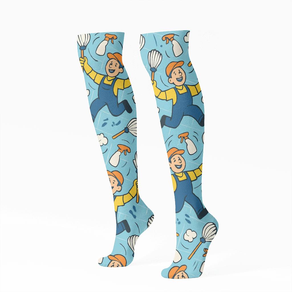 Janitor Juggle Mop Spiral Tiles unique graphic knee-high socks