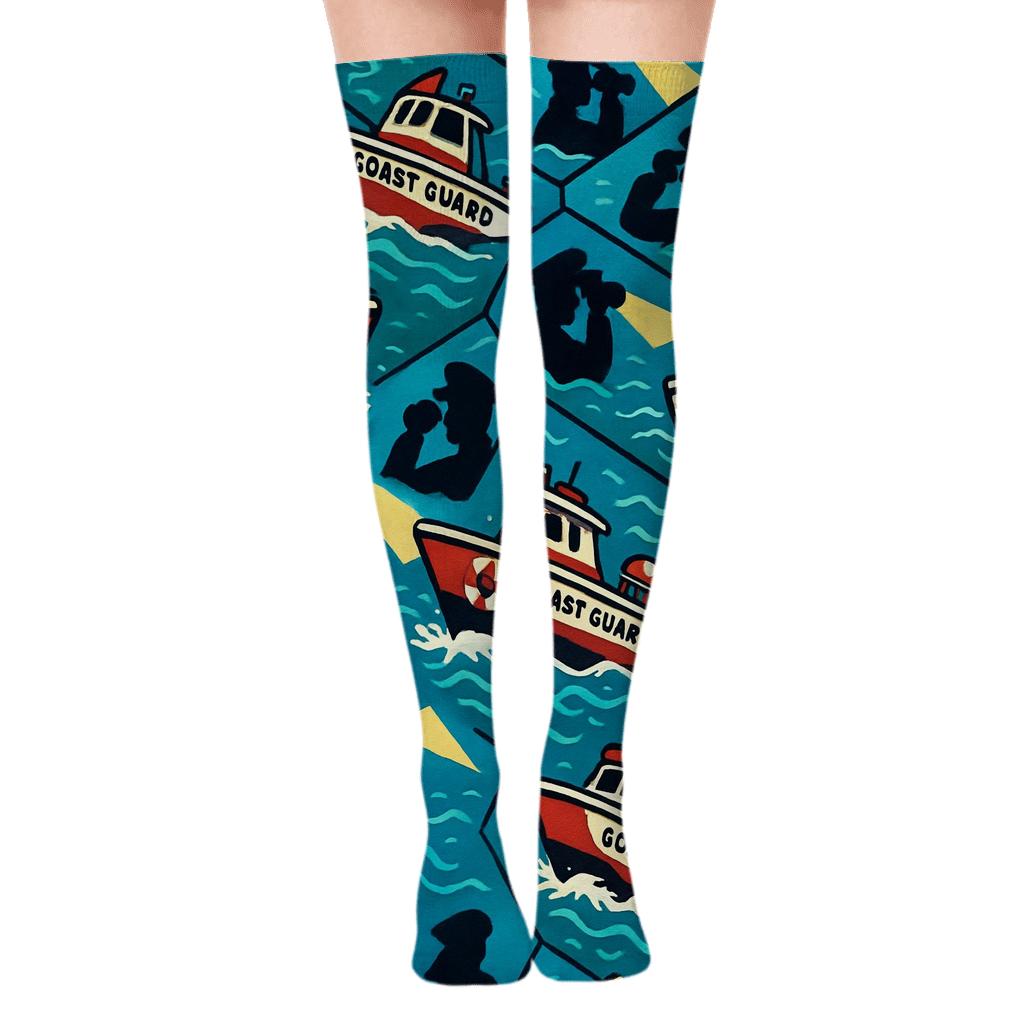 Rescue Boat Tessellation With Coast Guard Officer Spotlight unique graphic over-the-knee socks