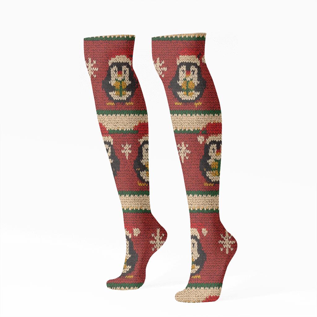 Cozy Knitted Penguin Stripe Bands On Cranberry Red Background premium sports knee-high socks