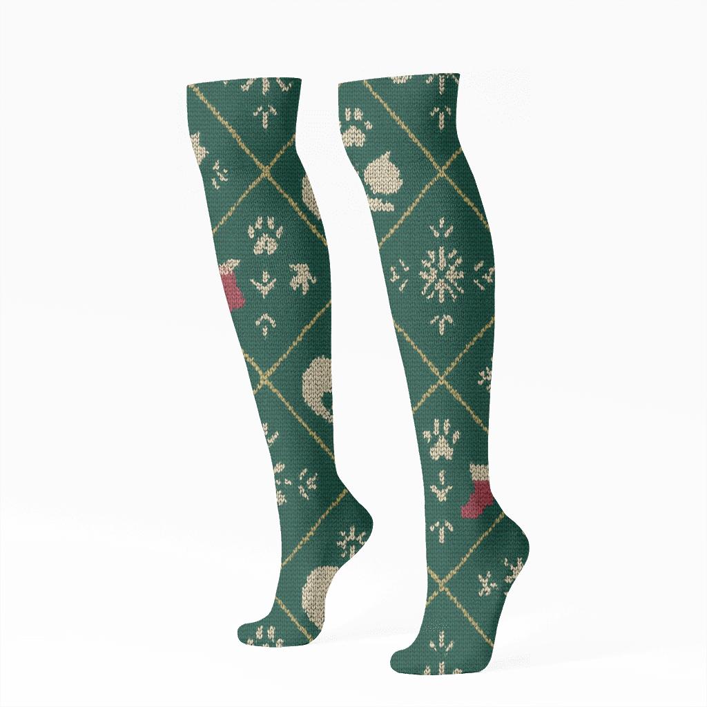 Nordic Knitted Feline Silhouettes Lattice On Evergreen Background custom knee-high socks