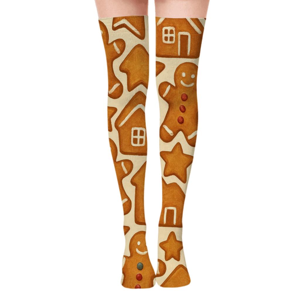 Gingerbread Cookies In Xmas Tessellation Tiles unique graphic over-the-knee socks