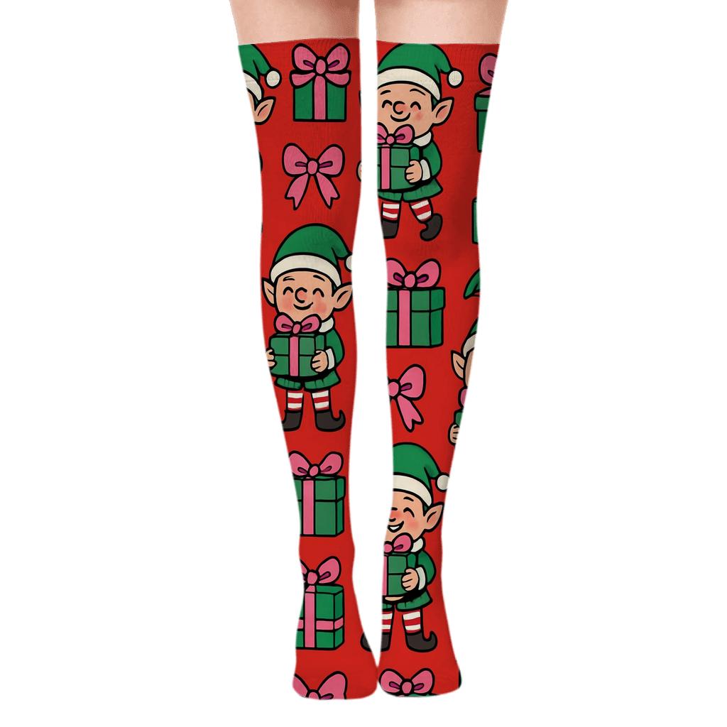 Elves With Holiday Gift Grid On Red designer print over-the-knee socks