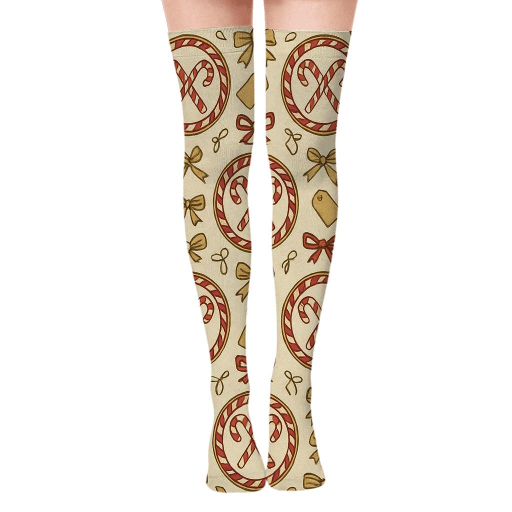 Peppermint Medallions With Candy Canes In Radial Grid designer print over-the-knee socks
