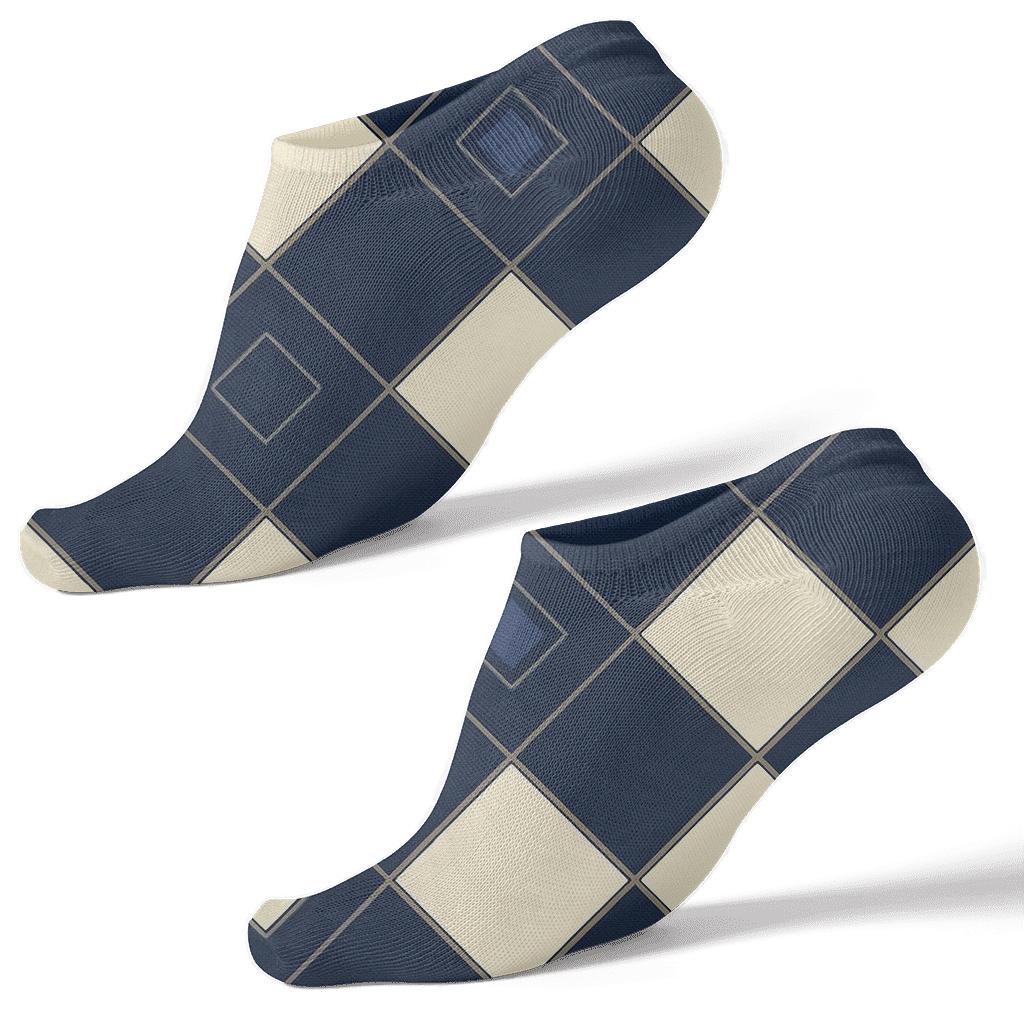 Navy And Ivory Diagonal Diamond Check With Micro Herringbone Insets custom ankle socks