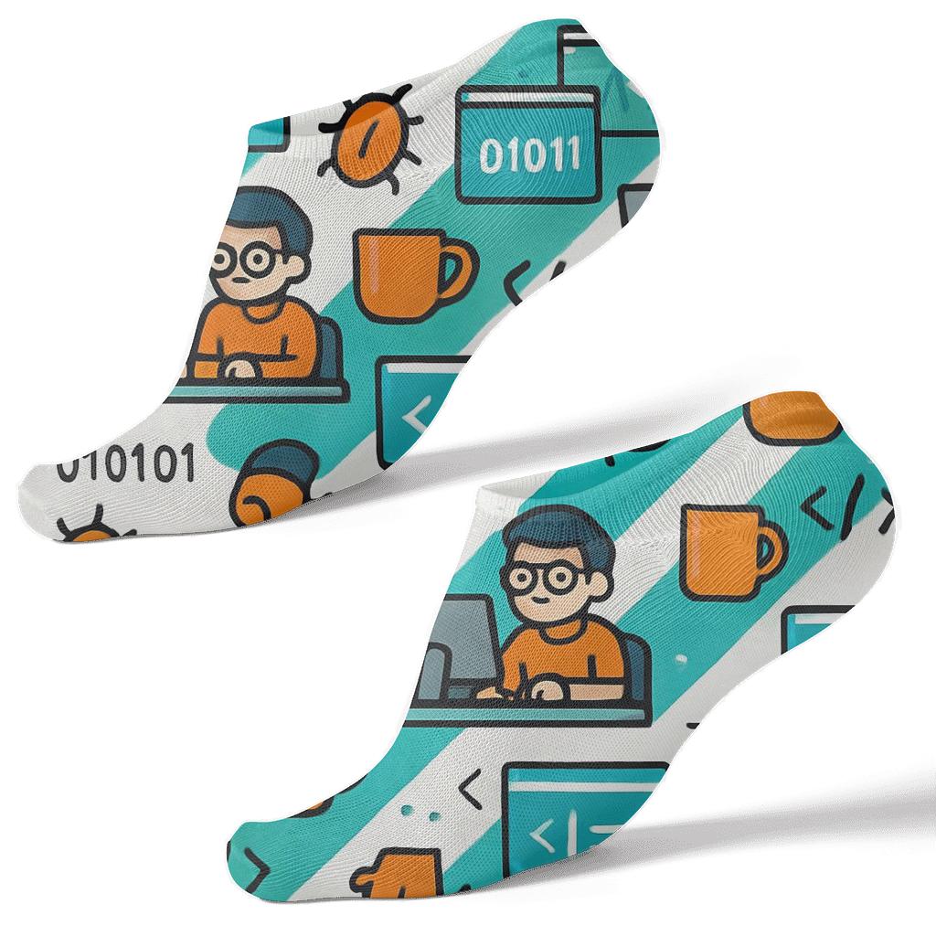 Debugging Scenes With Software Developer Icons On White unique graphic ankle socks