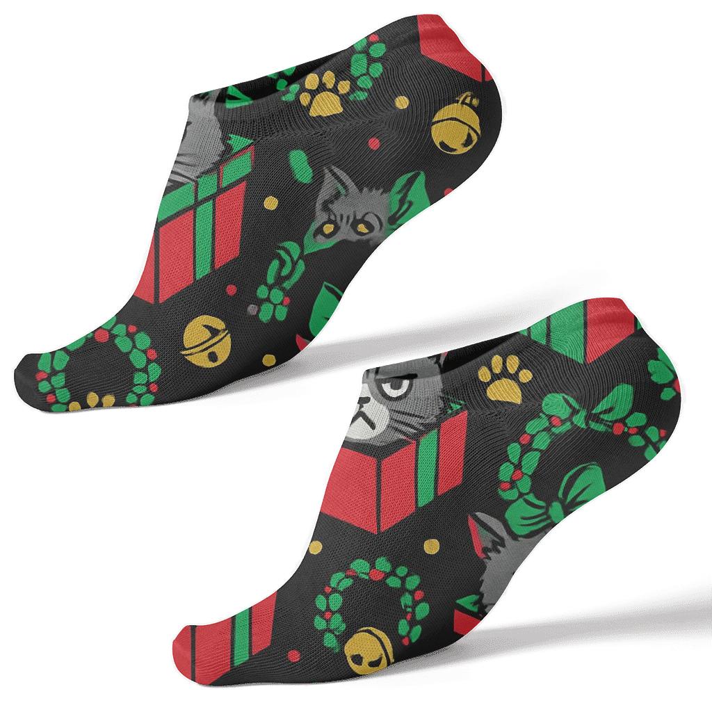 Neon Gift Box Cat Chaos Collage On Black Background personalized ankle socks
