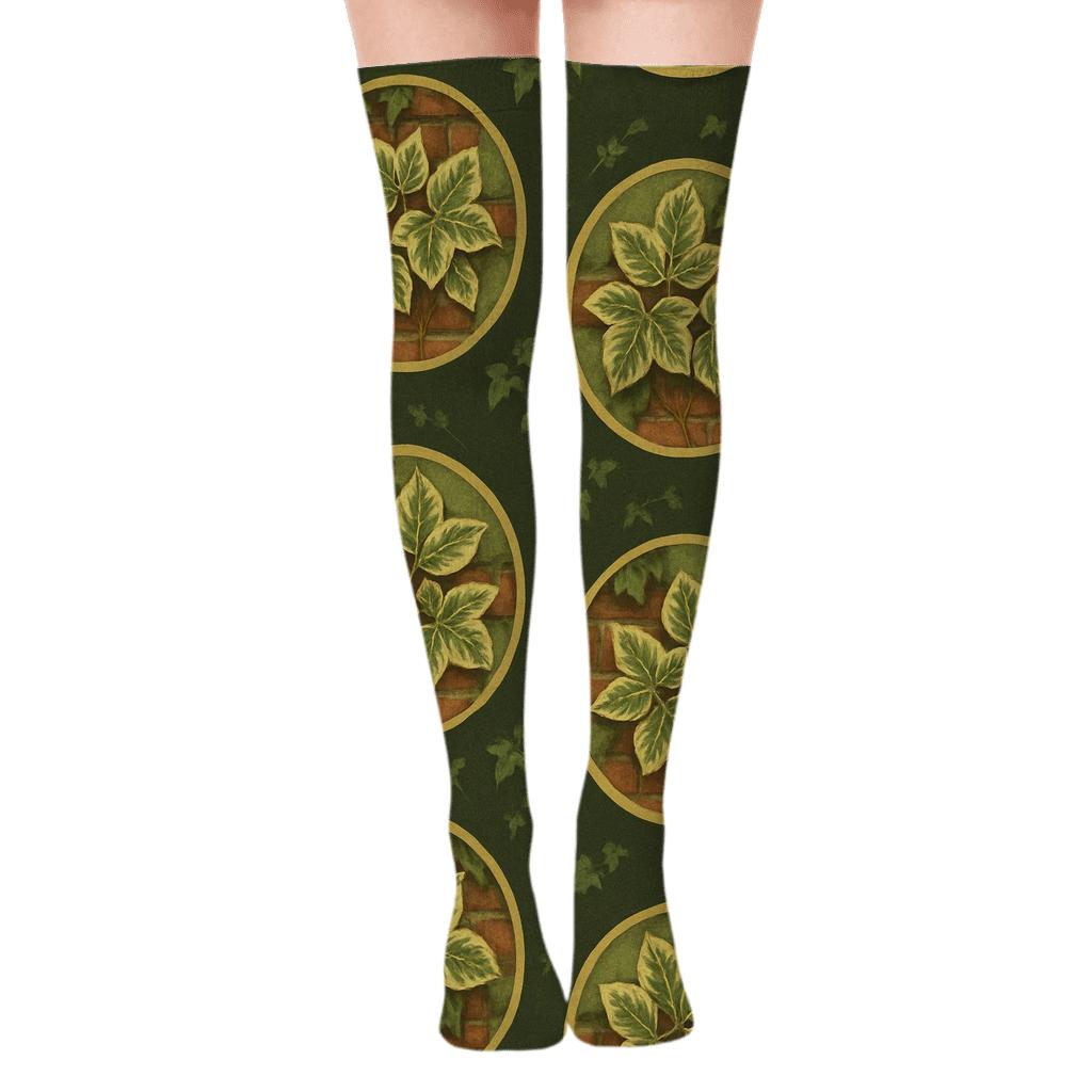 Vintage Ivy Brick Medallions On Deep Olive premium cozy over-the-knee socks