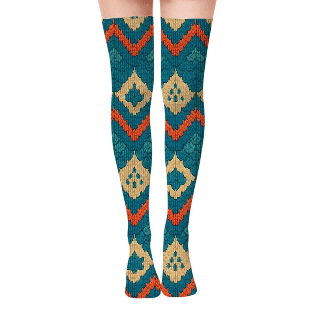 Knitted Illusion Fish Scale Chevron designer print over-the-knee socks