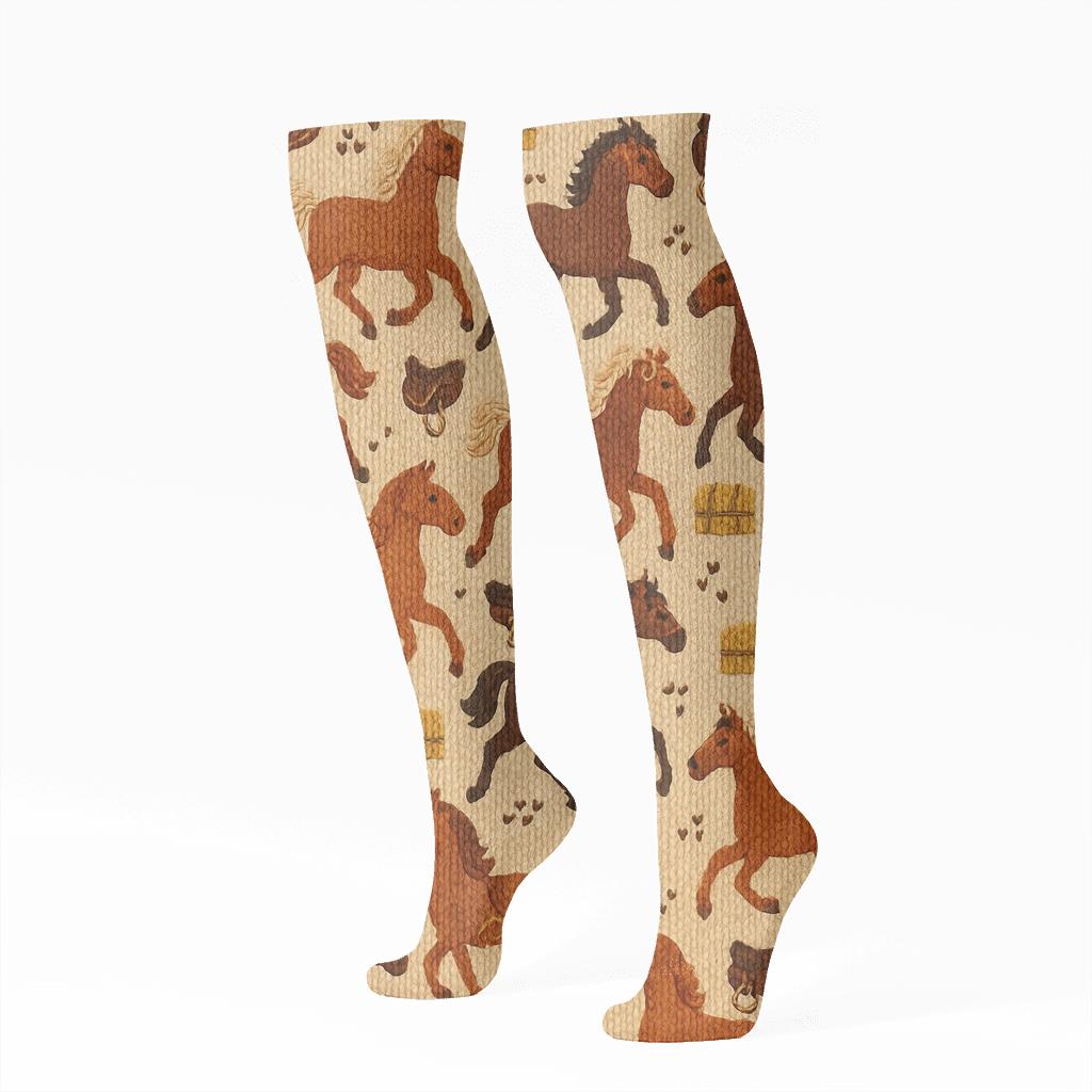 Knitted Horse Meadow Tessellation designer print knee-high socks