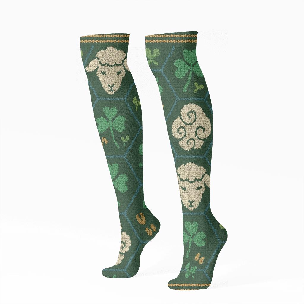 Knitted Illusion Meadow Tiles With Sheep personalized knee-high socks