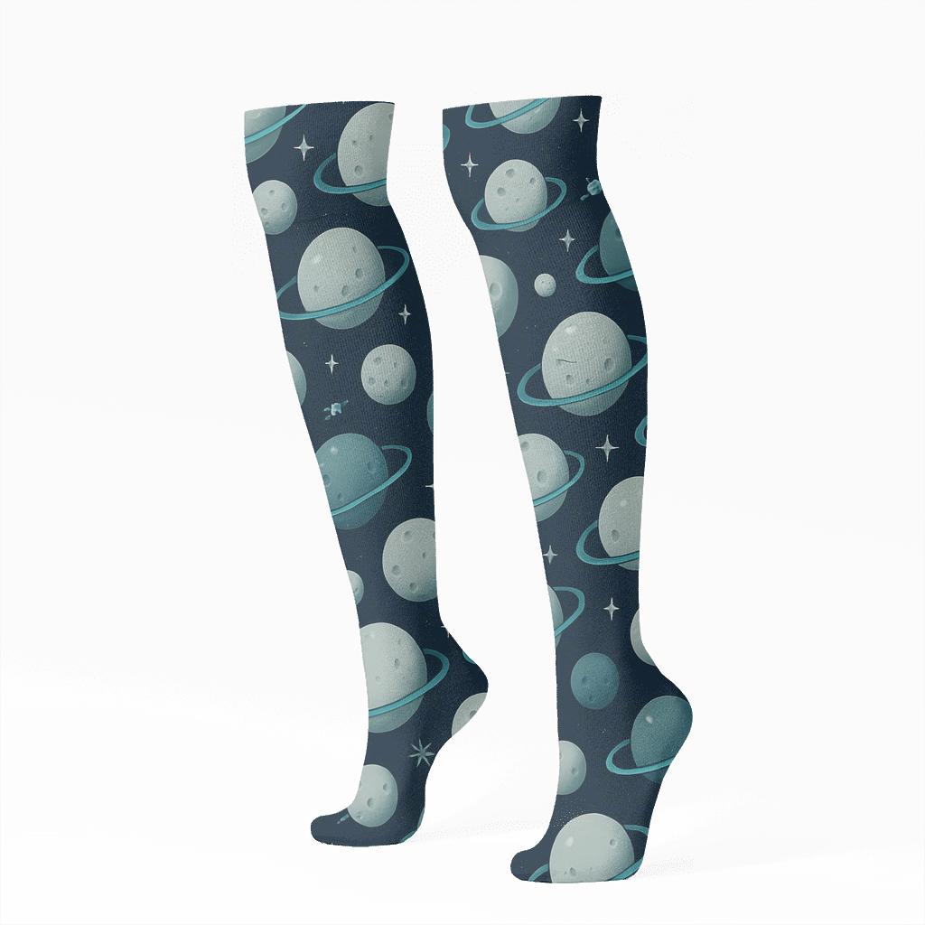 Ion Teal Orbital Band Tessellation On Deep Navy designer print knee-high socks