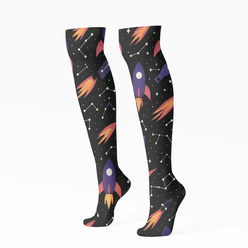 Cosmic Purple Retro Rocket Chevron Grid On Black soft everyday knee-high socks