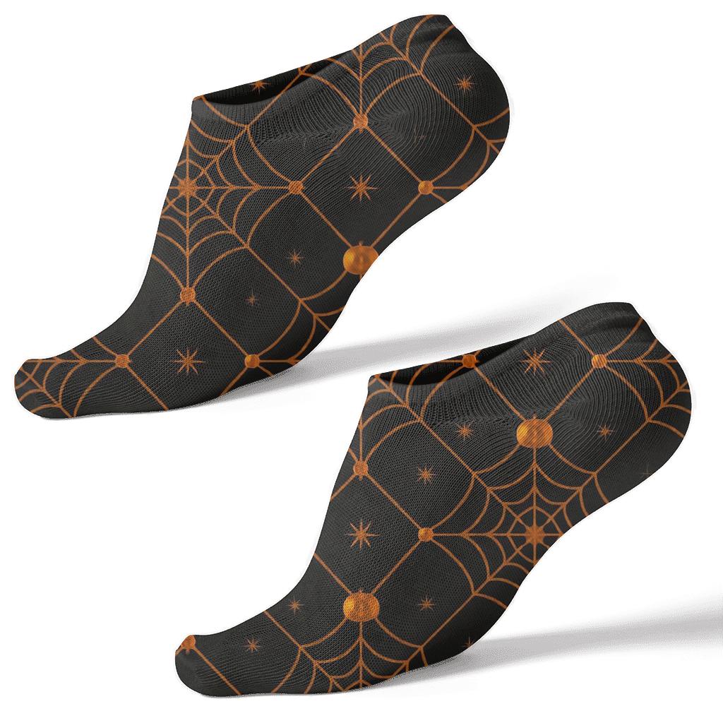 Spider Web Lattice With Pumpkin Nodes On Black Background unique graphic ankle socks