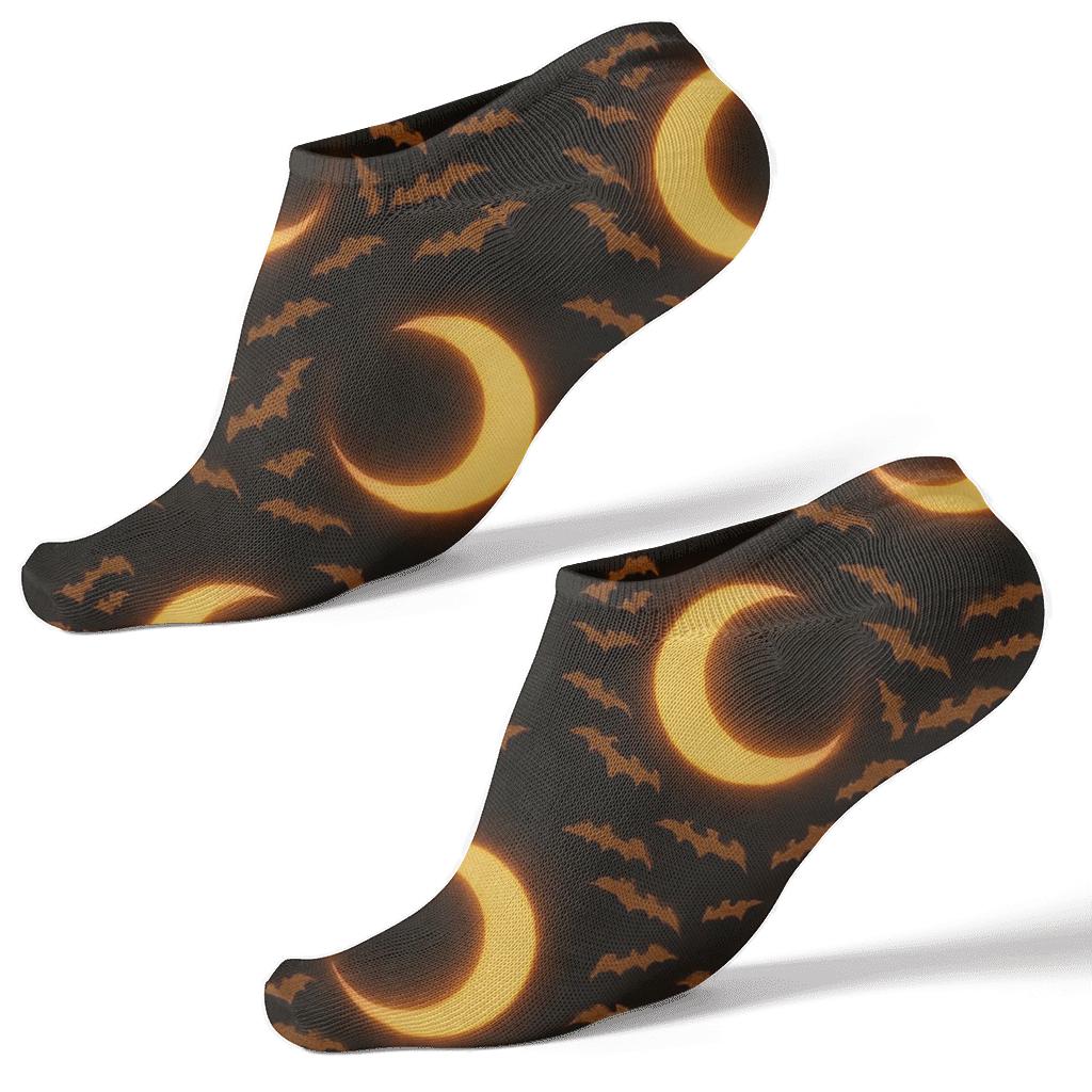 Crescent Moon Glow And Bat Swarm Tiles On Black Background unique graphic ankle socks
