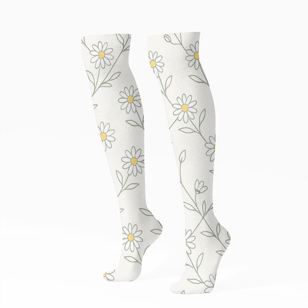Minimal Daisy Stem Lattice On Warm Ivory Background designer print knee-high socks