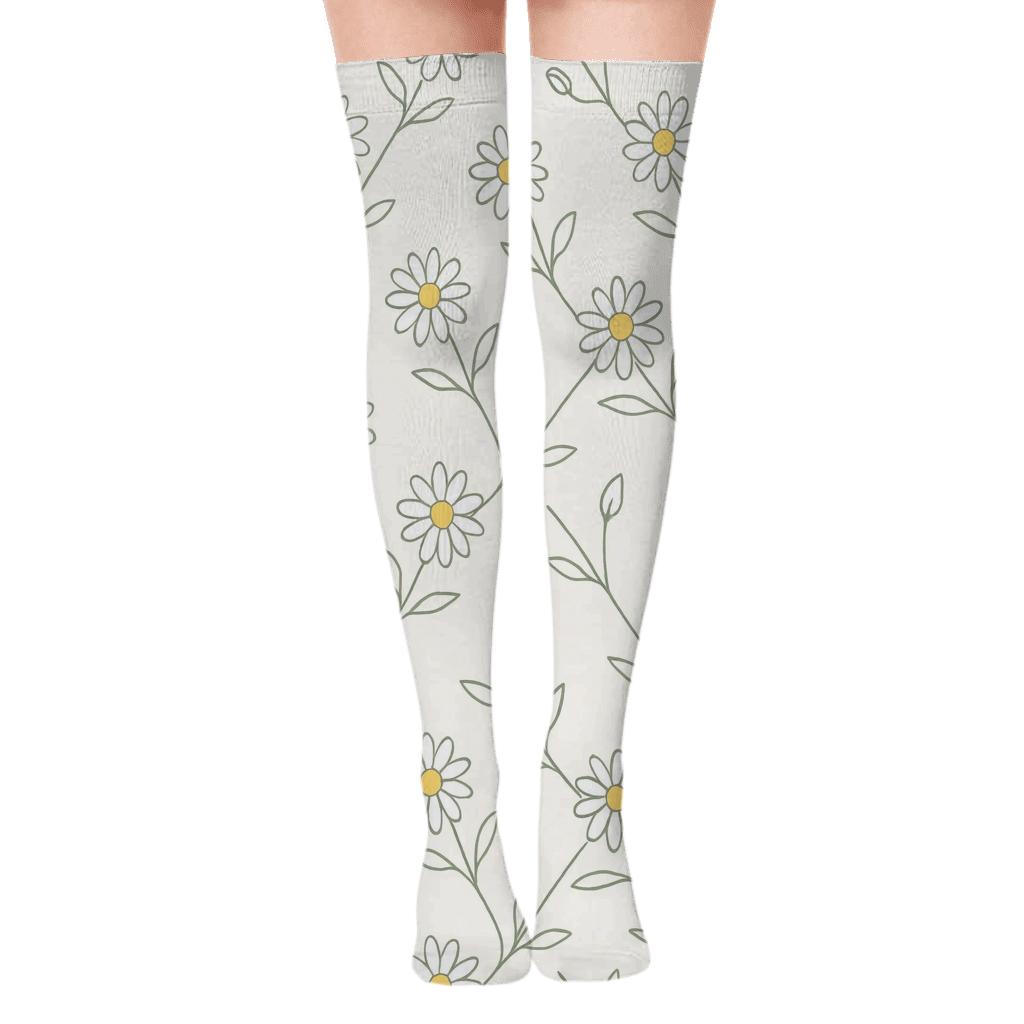 Minimal Daisy Stem Lattice On Warm Ivory Background stylish fashion over-the-knee socks