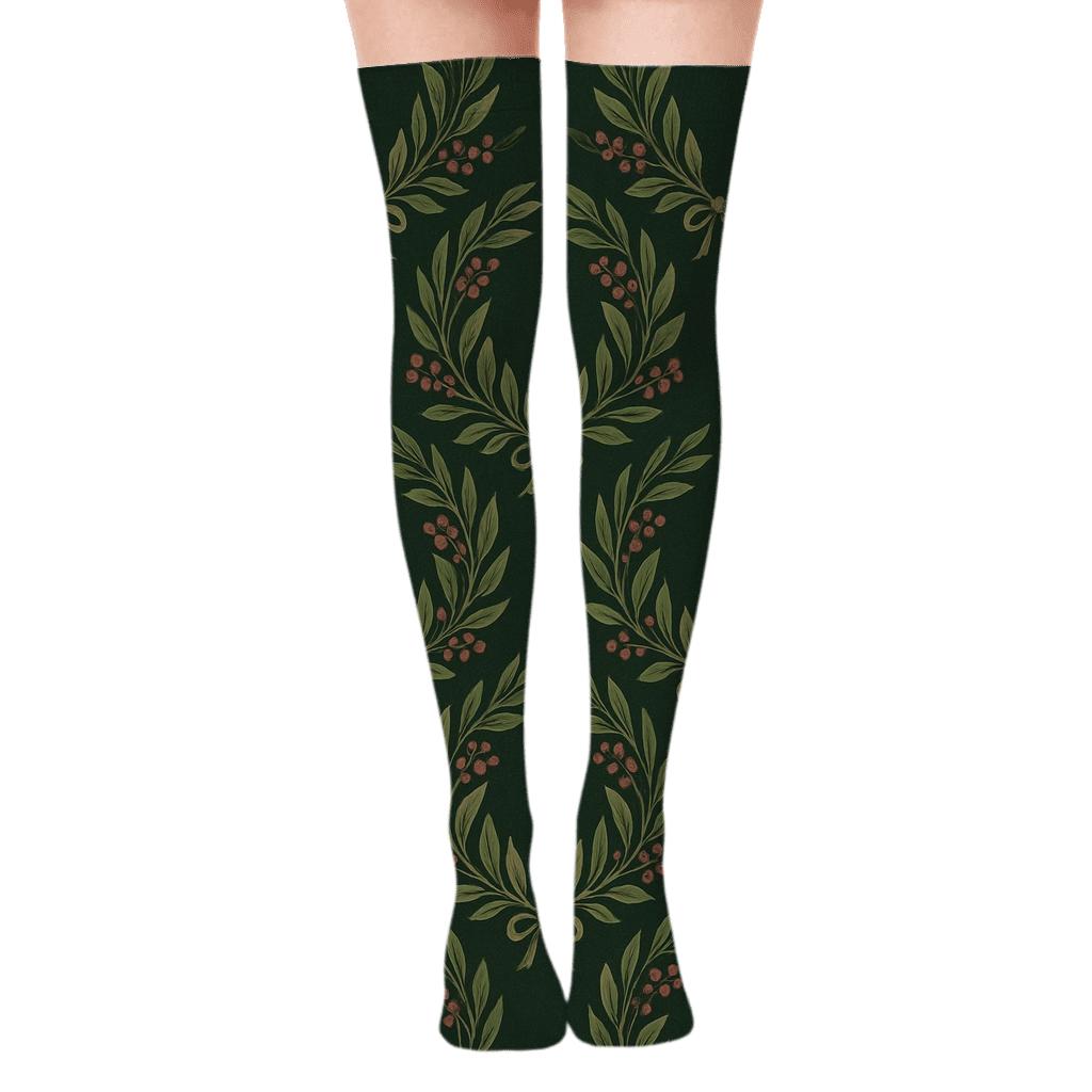 Wreath Poster Look Twin Laurel Rings On Deep Green designer print over-the-knee socks