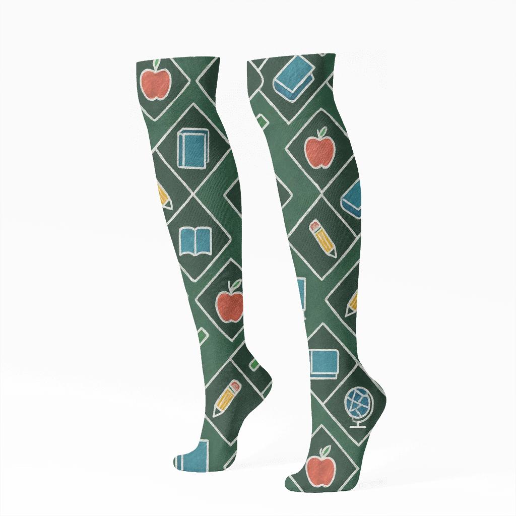 Chalkboard Lattice With Teacher Icons trendy patterned knee-high socks