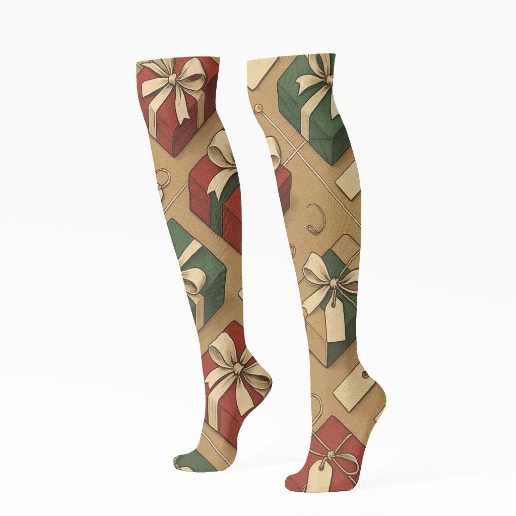 Ribbon Lattice Presents Pattern On Kraft Brown Field unique graphic knee-high socks