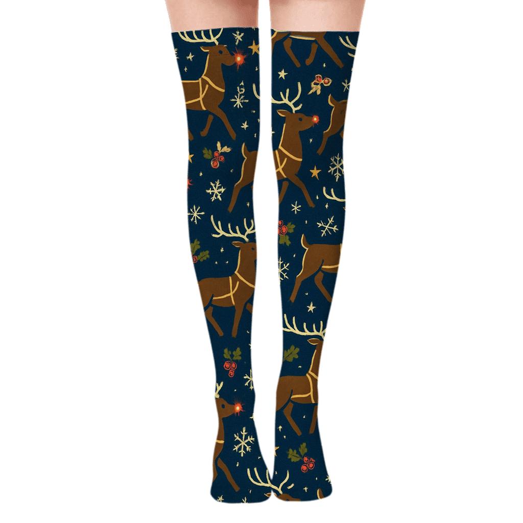 Midnight Blue Reindeer Parade With Rudolph personalized over-the-knee socks